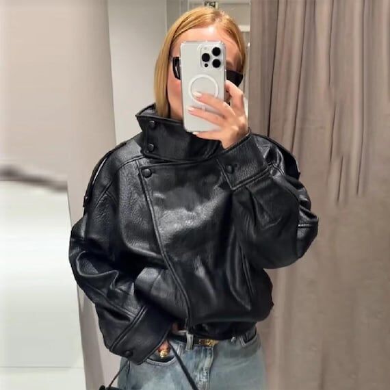 Women's Black Sheepskin Leather Jacket – Ov...
