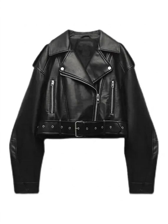 Black Sheepskin Leather Cropped Biker Jacket ...