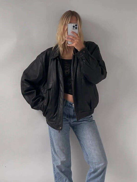 Black Leather Oversized Biker Jacket, Minimal...