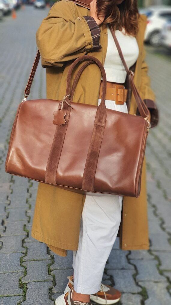 Leather Duffle Bag: Brown Travel Weekender, U...