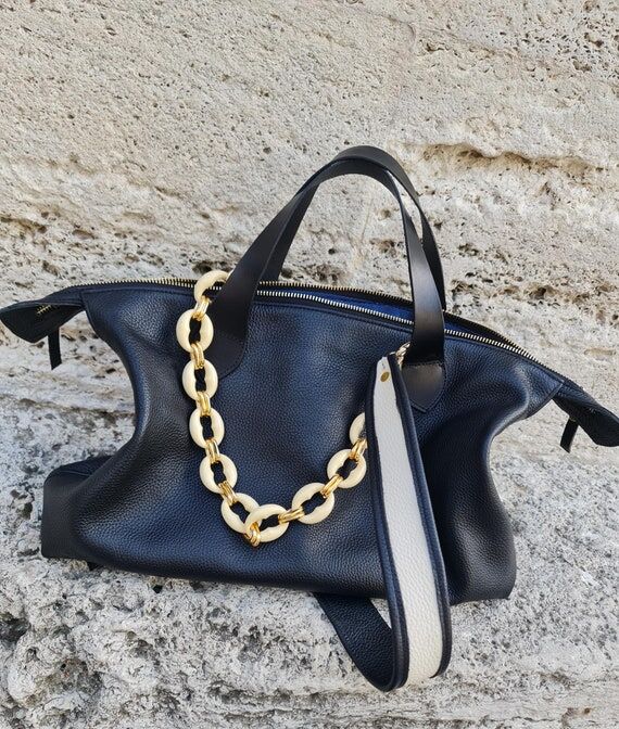 Handmade Black Pebble Leather Tote Bag: Slouc...