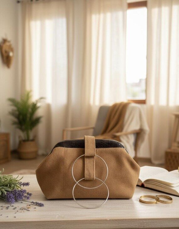 Handbag pouch (clutch style) with silver ring...
