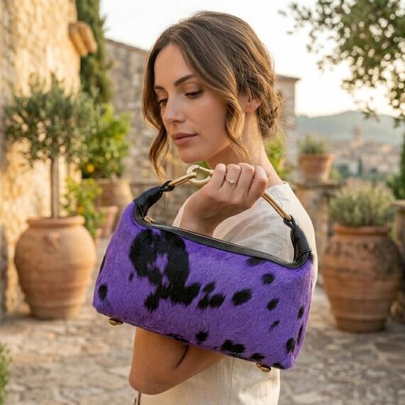 Purple Cowhide Leather Baguette Bag, Cow Prin...