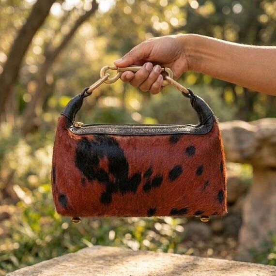 Cowhide Leather Baguette Bag, Cow Print cross...