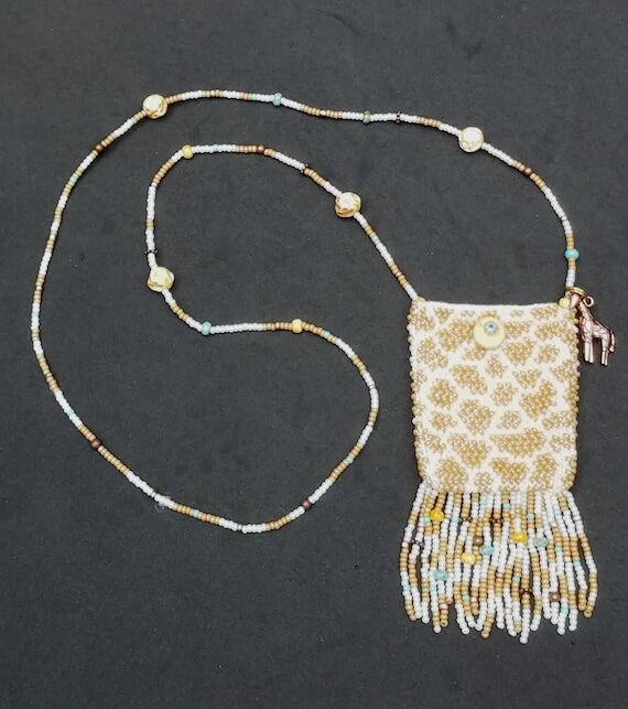 Giraffe bead knit necklace purse amulet bag w...