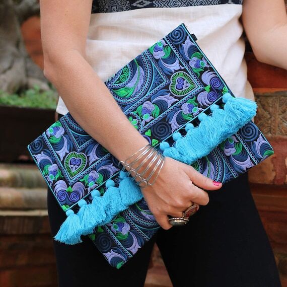 Handmade Large Blue Boho Clutch Bag With Tass...