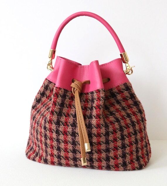 Tweed bucket bag Fuchsia Leather handbag Cros...