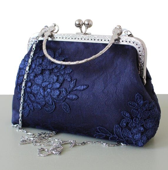 Evening bag Navy blue Silver Clutch Vintage p...
