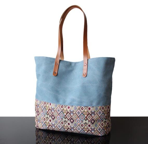 Tapestry bag Canvas tote with Leather top han...