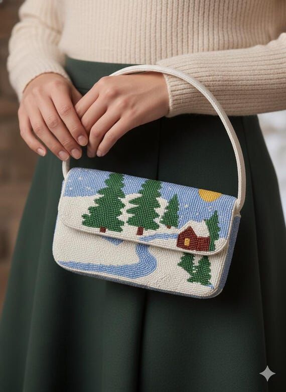 Hand-Beaded Winter Cabin Shoulder Bag – Hol...