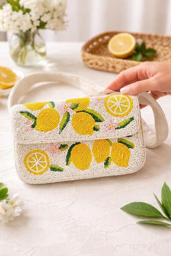 Beaded Lemon Shoulder Bag, Amalfi Coast Inspi...