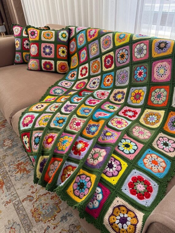 Handmade Granny Square Crochet Blanket with C...