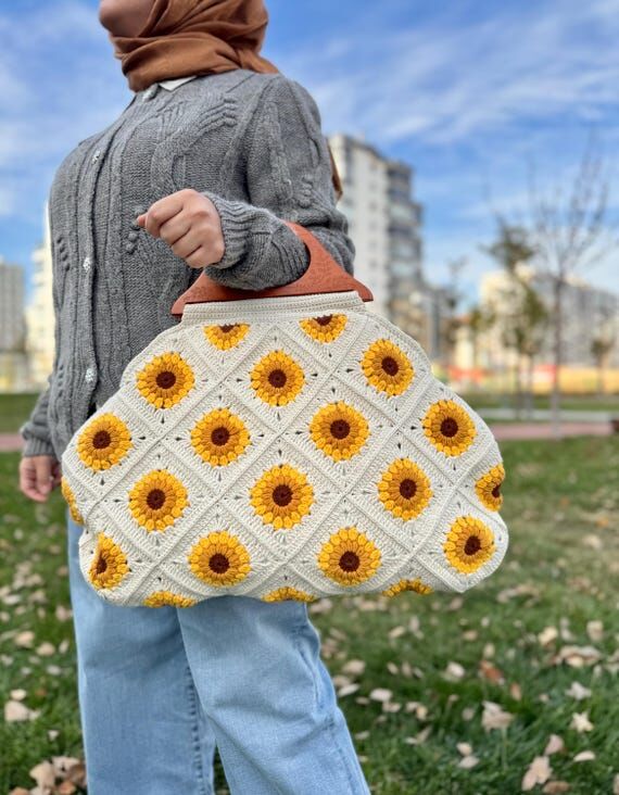 Handmade Crochet Sunflower Granny Square Tote...