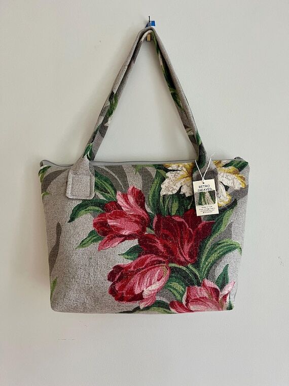 Floral 1940s Shabby Chic Nubby Barkcloth Hand...