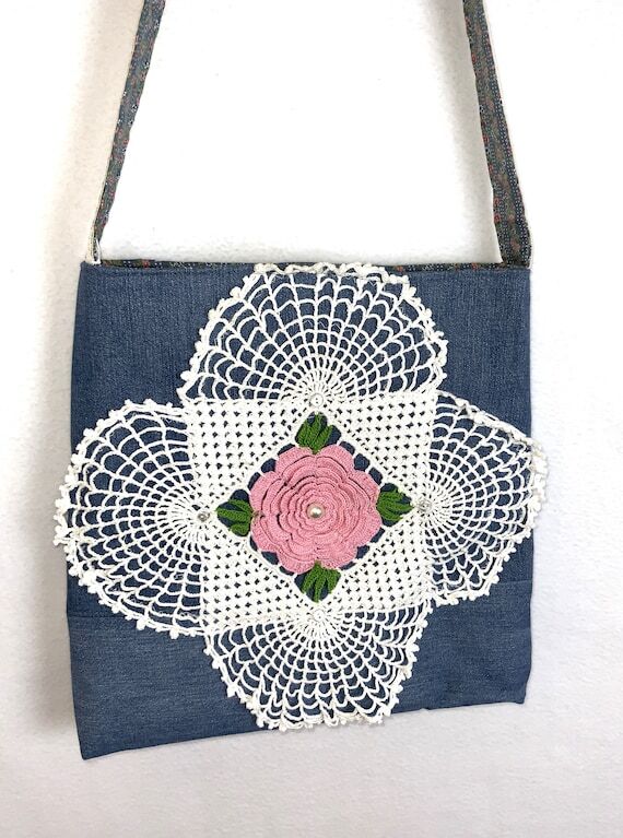 Upcycled Denim Shoulder Bag: Vintage Doily & ...
