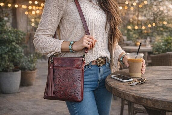 Handtooled Leather Crossbody Bag: Floral Carv...