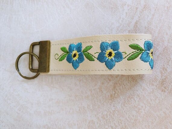 Dementia Forget me not embroidered key fob. M...