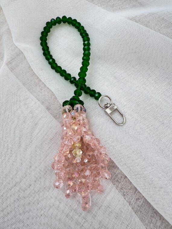 Green Beaded Wristlet with Pink Crystal Charm...