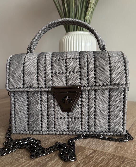 Macramé Structured Satchel Bag with Black Ha...
