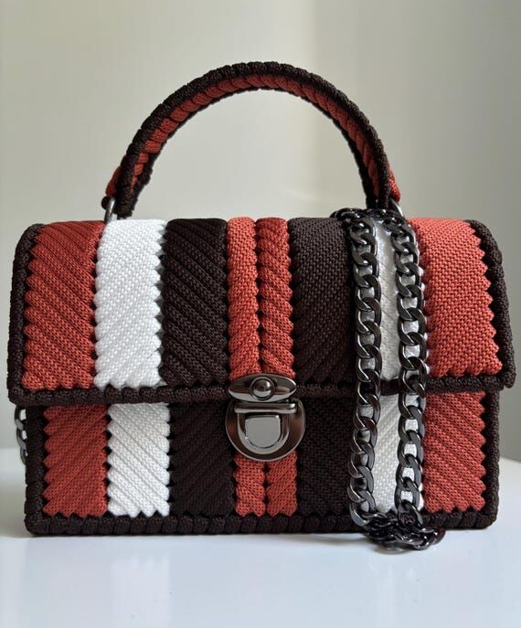 Handmade Crochet Bag Striped Top Handle Purse...