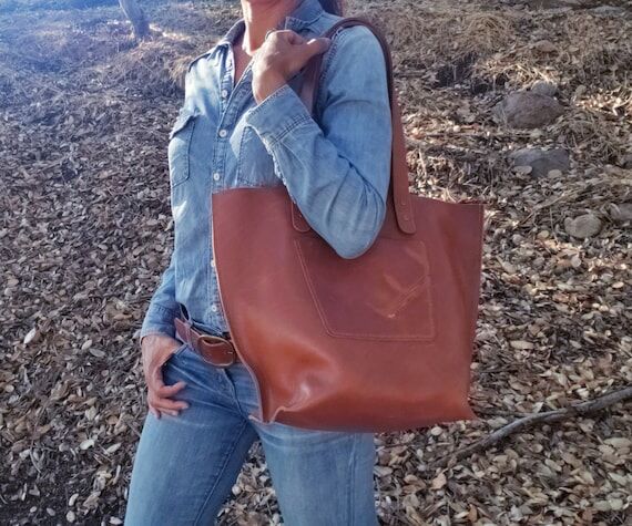 Large Leather Tote Cognac Handmade...