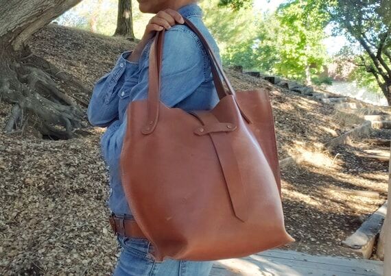 Large Leather Cognac Tote Handmade...