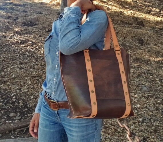 Large Leather Brown Vegetable Tanned Rivet To...