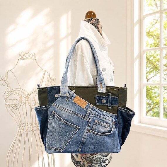Upcycled Denim Tote Bag, Medium Shopper Purse...