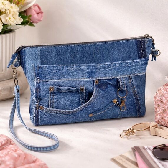 Reworked Denim Wristlet Clutch with Front Poc...