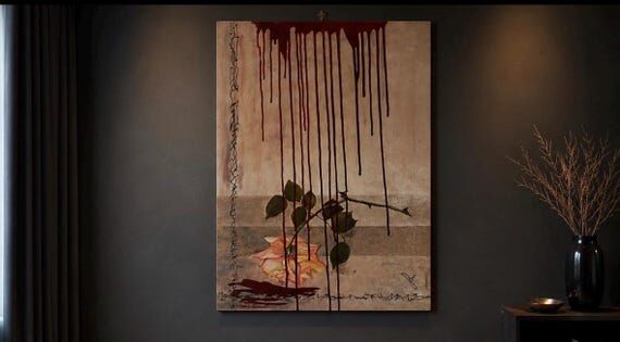 abstract painting of pink and barbed wire / o...
