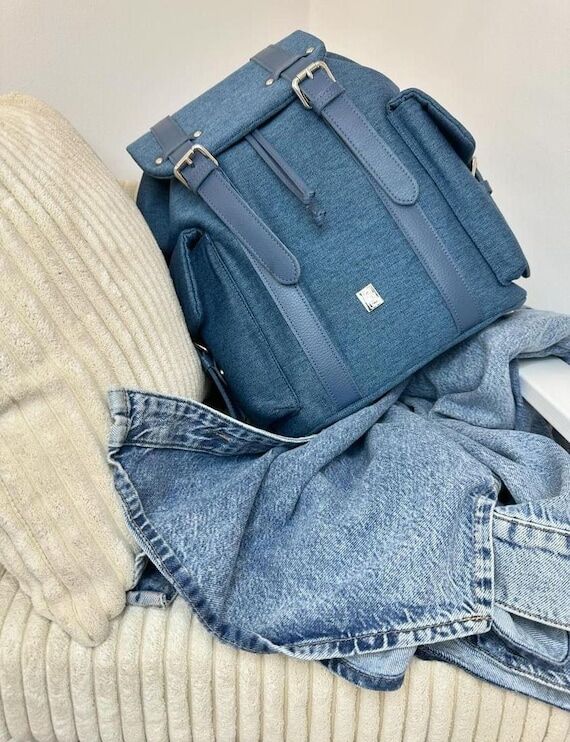 XL Denim Backpack, Genuine Leather Details Ba...