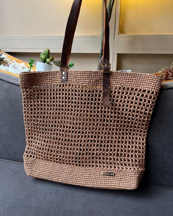 Handmade Crochet Raffia Tote Bag, Brown Boho ...