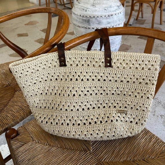 Cream Raffia Crochet Tote, Large Leather Hand...