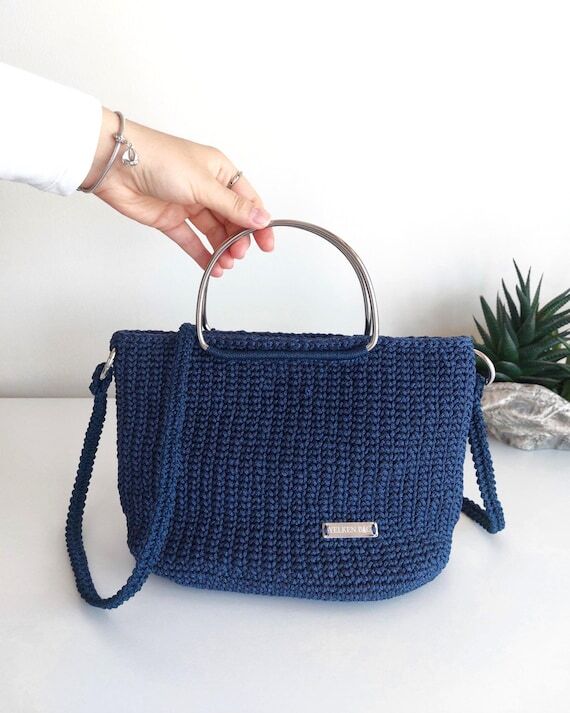 Handmade Navy Crochet Tote Bag with Silver Ha...