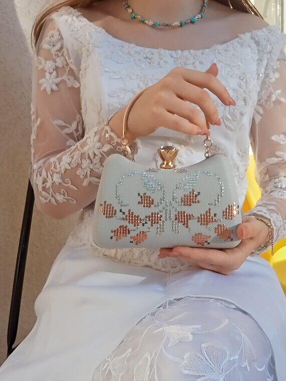 Flower Embroidered Clutch Bag: Light Gray Sue...