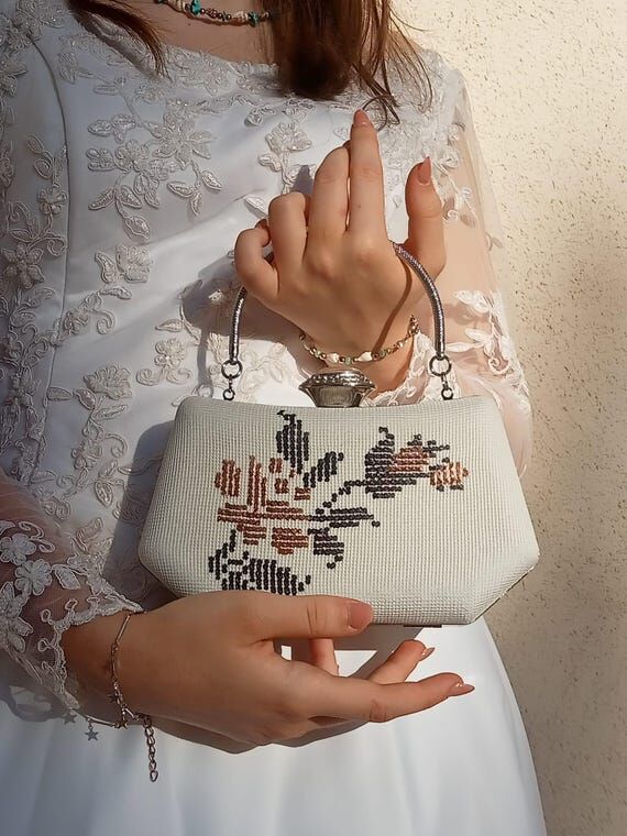 White Suede Clutch Bag: Rose Embroidery, Silv...