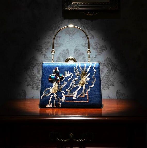Golden Butterfly Brooch Bag | Navy Blue Suede...