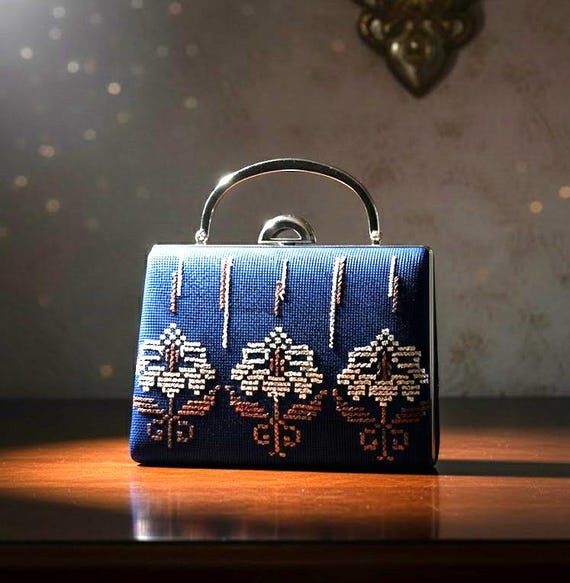 Navy Blue Floral Silver Clutch Bag | Handmade...