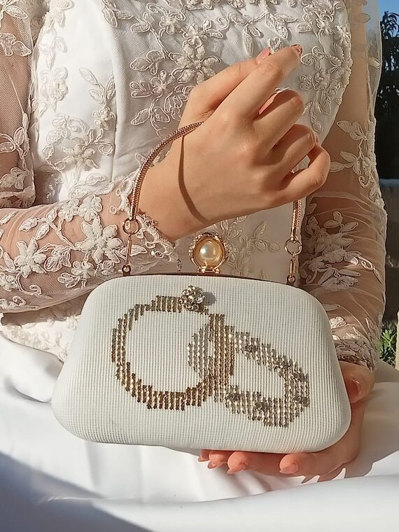 White Clutch with Embroidered Wedding Band fo...
