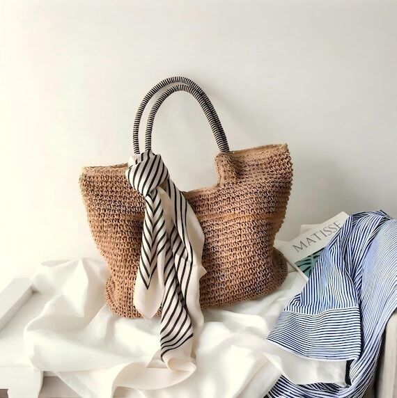 Woven Straw Tote Bag with Scarf Large Boho Be...