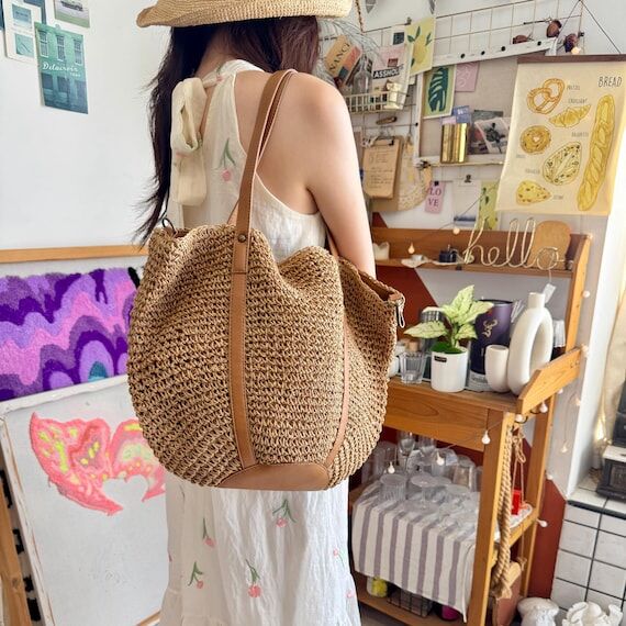 Oversized Straw Dumpling Hand Bag with Vegan ...