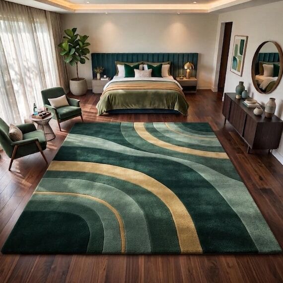 Hand Tufted Emerald Green Gold Wave Rug, Larg...