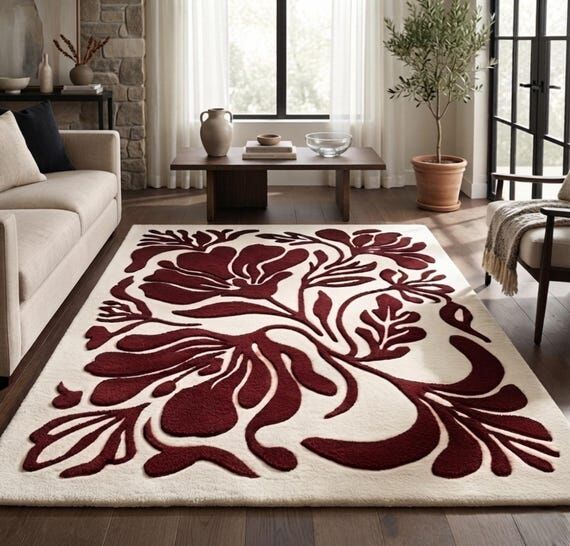 Burgundy Floral Hand-Tufted Wool Rug, Maroon ...