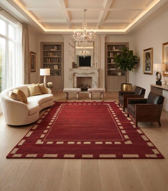 Hand Tufted Wool Area Rug, Deep Red Ivory Bor...
