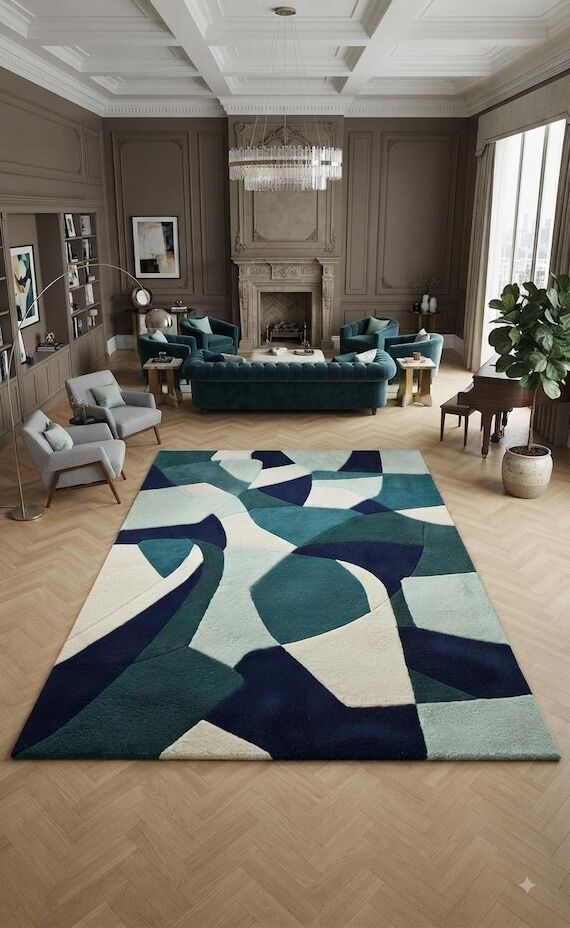 Hand Tufted Wool Area Rug, Teal Navy Blue Cre...