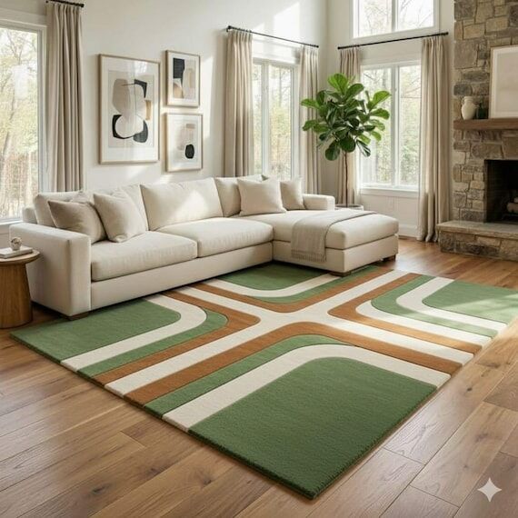 Hand Tufted Geometric Wool Rug, Green & Beige...