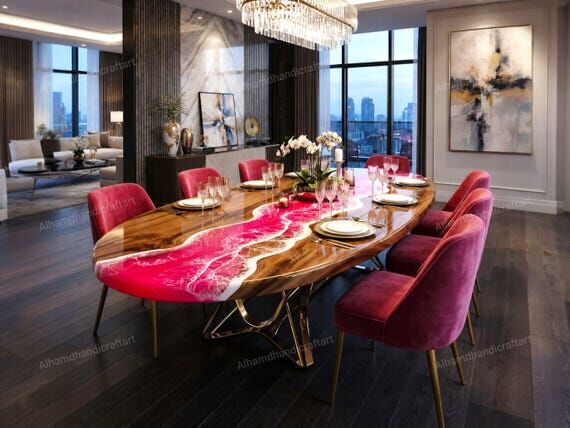 Oval Shape Pink Epoxy Resin Coffee Table, Liv...
