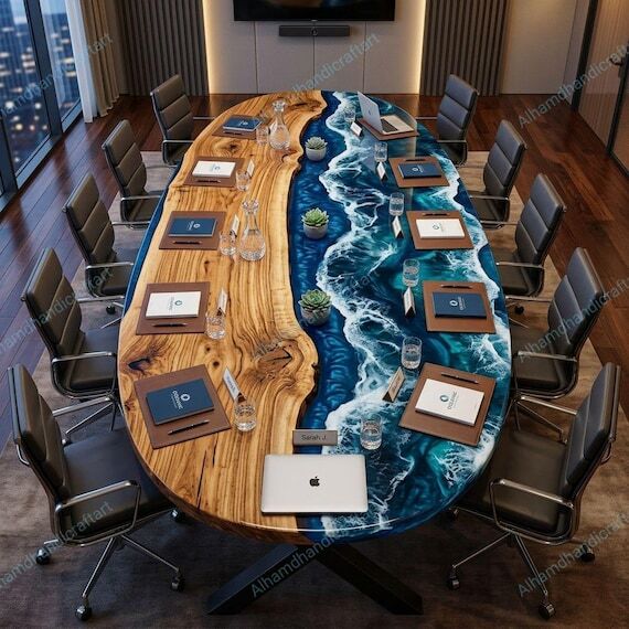Ocean Wave Oval Epoxy Conference Table, Acaci...