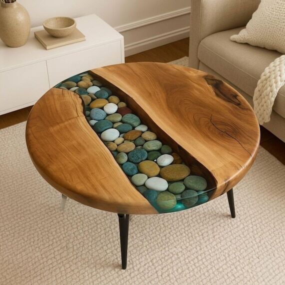 River Stone Handmade Epoxy & Wood Coffee Tabl...