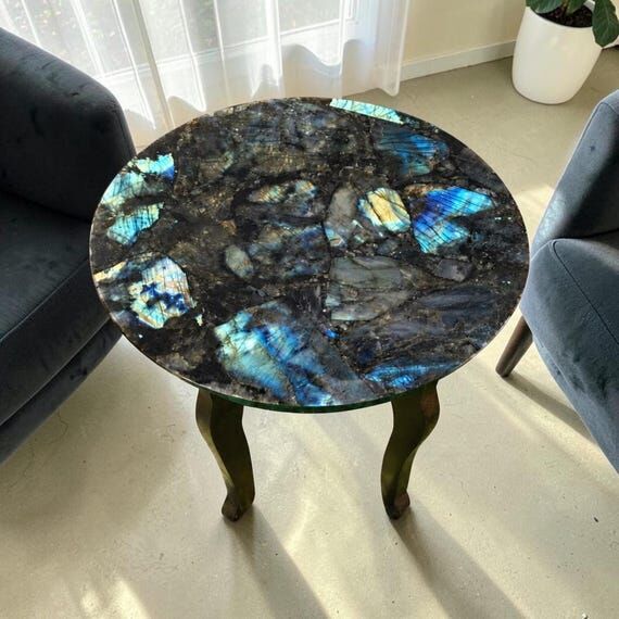 Luxury Round Labradorite Stone Coffee Table w...